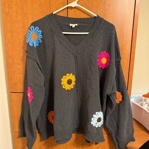 POL Gray V-Neck Sweater with Colorful Floral Design